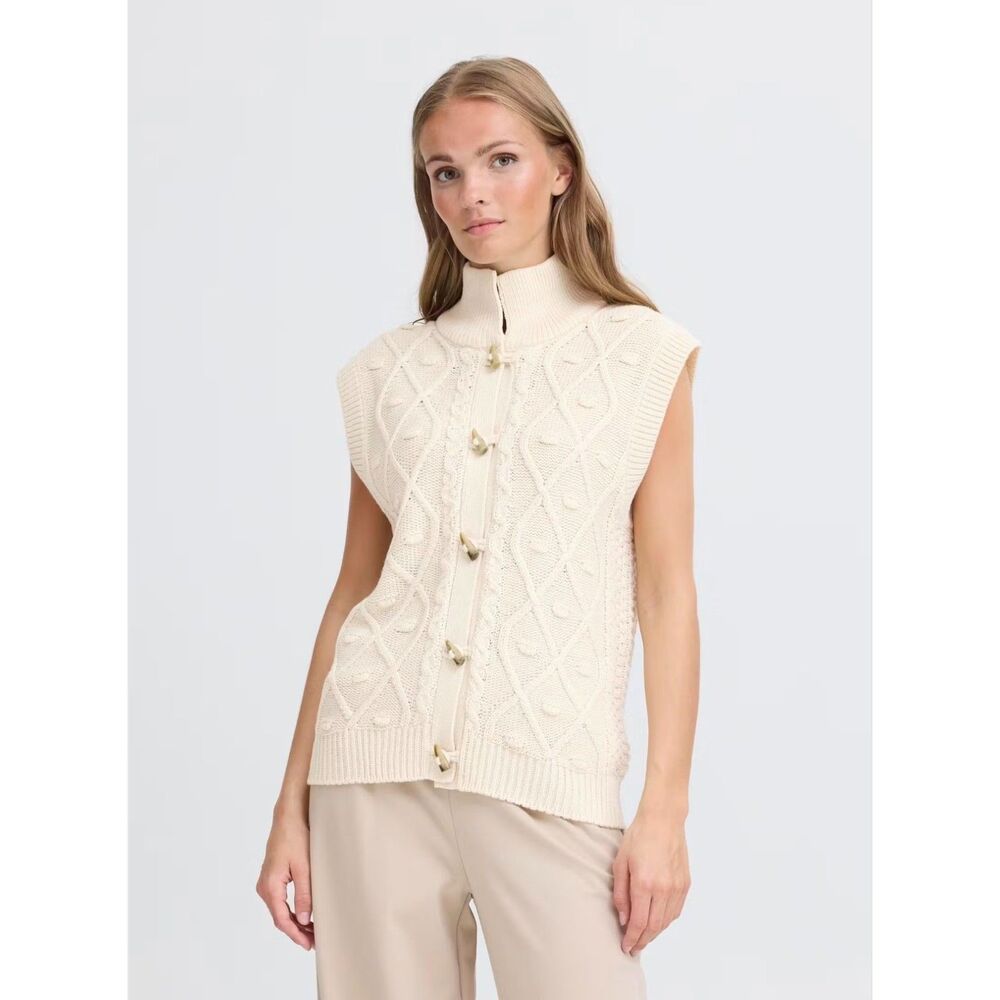 ICHI Ihdestan Cable Knit Vest Toggle Sweater Sandshell Cream Women's S NWT